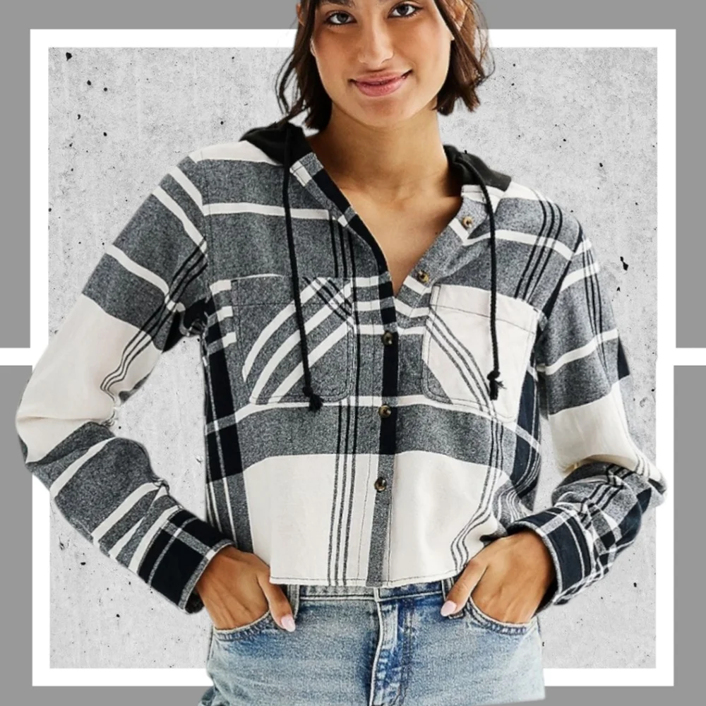 NWT 2XL Cropped Plaid Button Up Hoodie w 2 Pockets & High Low Hemline - Picture 2 of 16